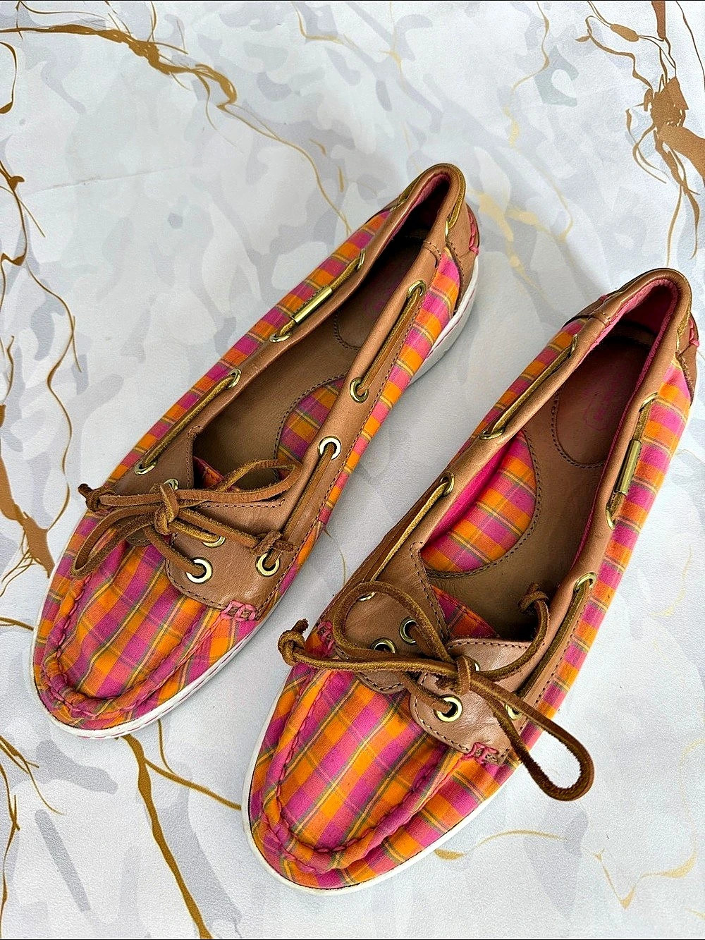 Coach Plaid Boat Shoes in Pink & Orange